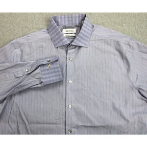 Calvin Klein Shirt Mens Size 16.5 34/35 Blue Striped Cotton Long Sleeve Slim Fit